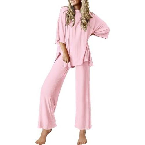 Ekouaer Lounge Sets for Women Short Sleeve Tops and Long Pants Soft Comfy Pajamas Set 2 Piece Outfits S-XXL