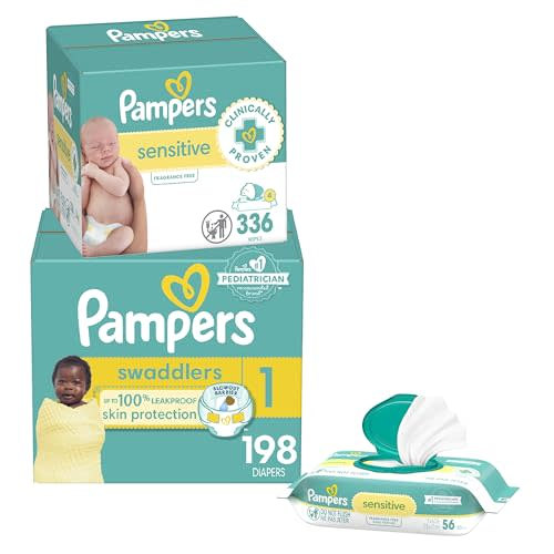 Pampers Swaddlers Disposable Baby Diapers Size 1, 198 Count with Sensitive Water Based Baby Wipes 4X Pop-Top Packs (336 Count)