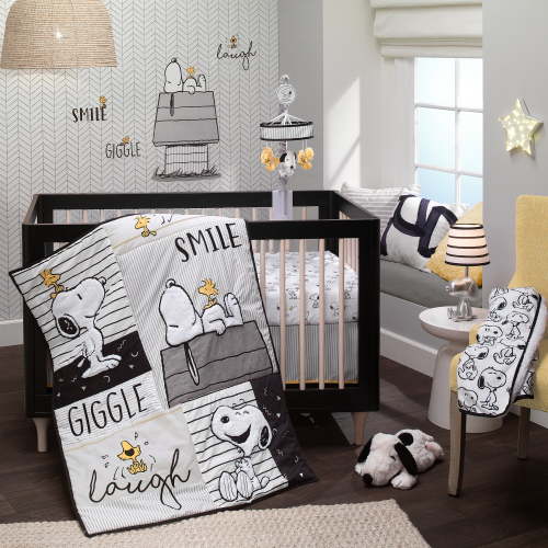 Lambs & Ivy Classic Snoopy 3-Piece Baby Crib Bedding Set - Quilt, Sheet, Skirt, Black/Gray/White