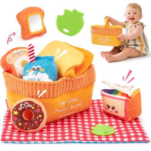 Hahaland Baby Toys 6-12 Months – Picnic Basket Sensory Toy with Crinkle, Rattles, Teether & Mirror, Montessori Play Food Plush for Early Development, Birthday Gifts for 1+ Years Boys & Girls