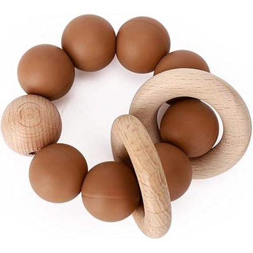 Socub Baby Teething Toy, Organic Baby Teething Ring, Silicone & Beech Baby Rattle Teether for baby 3+ Months, BPA Free, Clay
