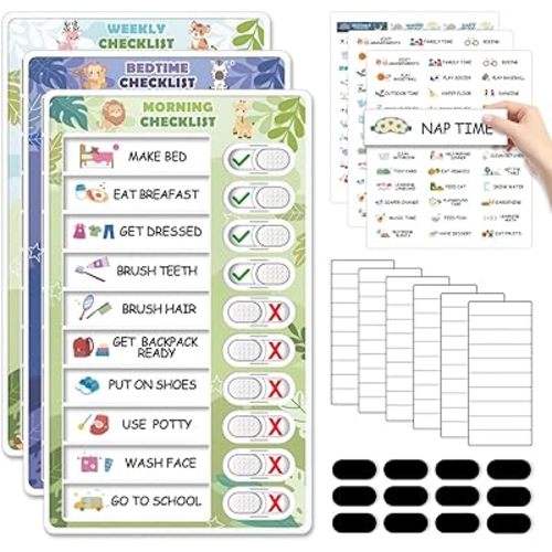 3 in 1 Bedtime/Morning/Weekly Routine Chart for Kids Toddlers, Magnetic Chore Chart for Kids, Dry Erase Visual Schedule for Kids Schedule Board for Home