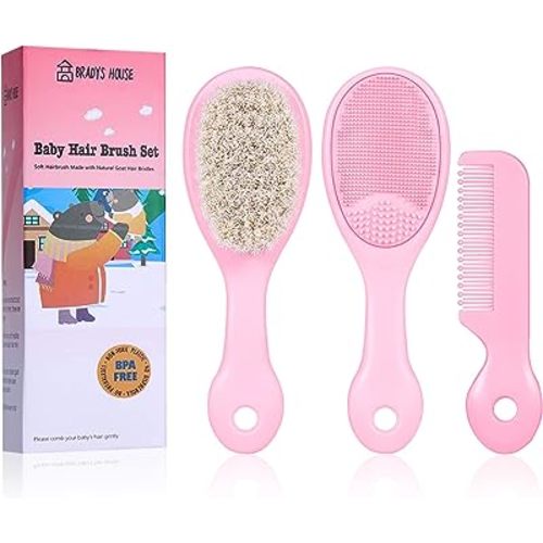 3 Piece Baby Hair Brush and Comb Set for Newborns and Toddlers (Pink)