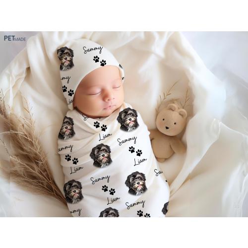 Custom Dog Portrait Swaddle Blanket - Personalized Baby Gift, Newborn Photo Prop, Cozy Receiving Blanket for Pet Parents, Baby Beanie Hat