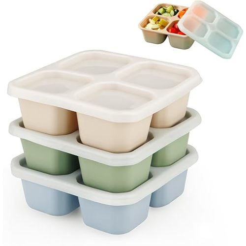 PandaEar 3 Pack Snack Containers, 4 Compartment Silicone Bento Lunch Snack Box with Lids, Reusable Divided Meal Snack Containers for Adults Kids Toddler, Food Storage Containers for School Work Travel