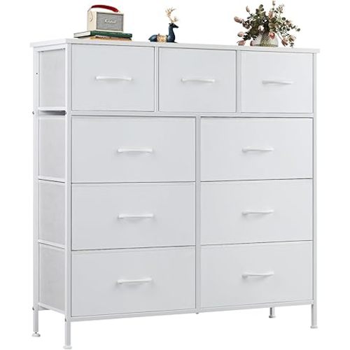 OLIXIS Dresser for Bedroom, 9 Storage Drawers, Wide Fabric Closet Chests Organizer Tower Furniture, TV Stand with Wooden Top Metal Frame for Clothes, Living Room, Hallway, Entryway, Classic White