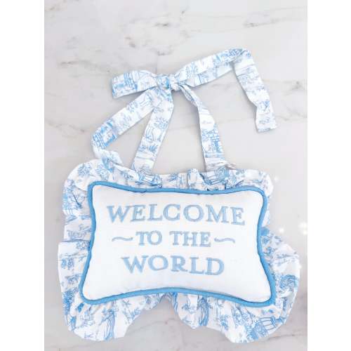 Welcome to the World Door Hanging Pillow- Blue Toile