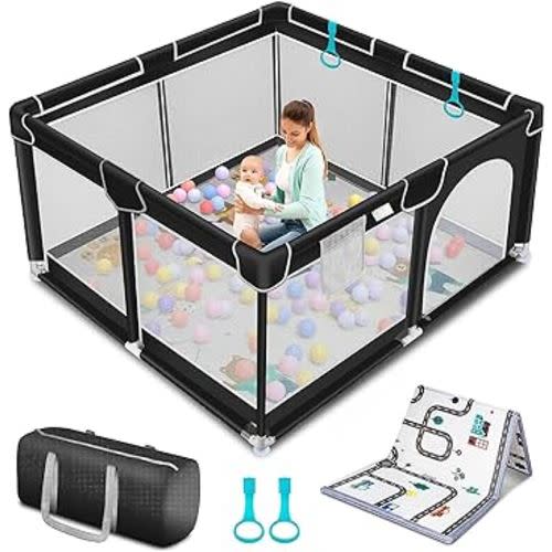 Suposeu Baby Playpen with Anti-Slip Mat for Indoor and Outdoor Playard Kids Activity Center with Gate, Portable Baby Fence Area for Babies and Toddlers (50 Inch×50 Inch, Black)