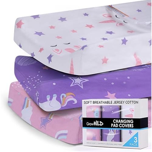GROW WILD Changing Pad Cover 3 Pack | Soft & Stretchy Jersey Cotton | Baby Changing Table Pad Cover | Diaper Changing Pad Covers for Girls and Boys (Rainbows & Unicorn)