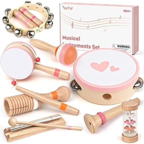Musical Toys for 2 3 Year Old Girl Birthday Gifts, Wooden Montessori Toys for 2 Year Old, 8 in 1 Musical Instruments for Toddlers with Drum/Hand Bells/Flute/Maracas, Preschool Toys for Baby 18+ Months