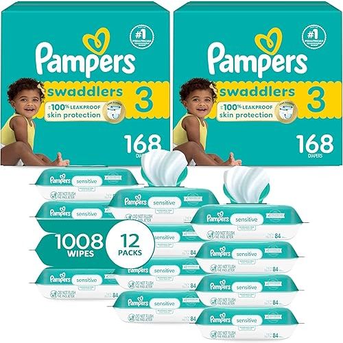 Pampers Swaddlers Disposable Baby Diapers Size 3, 2 Month Supply (2 x 168 Count) with Sensitive Water Based Baby Wipes 12X Multi Pack Pop-Top and Refill (1008 Count)