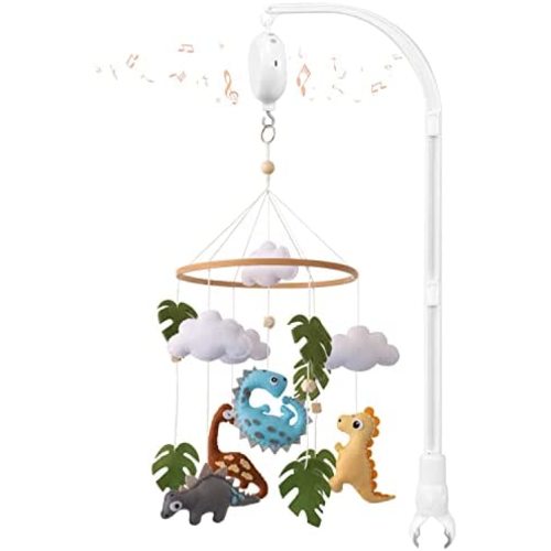 Musical Dinosaur Baby Crib Mobile for Baby Boys & Girls - Nursery Mobiles for Crib - Bassinet Mobile with Extension Arm Holder - Digital Music Box with 12 lullabies