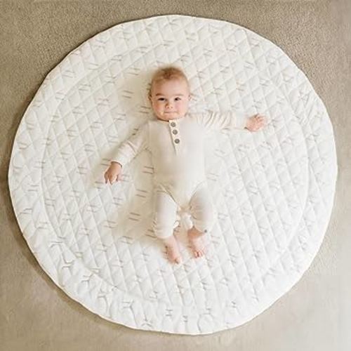 Poppyseed Play Baby Play Mat, Extra-Thick & Extra-Large Round Floor Pad, Designed for Tummy Time, Crawling, & Baby Activity Gyms, Foldable & Portable (Neutral Line, 43" Round)
