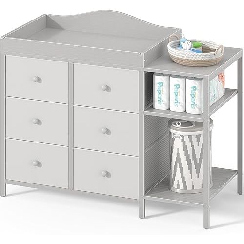 Baby Dresser with Changing Table Top, Gray Changing Table Dresser with 6 Fabric Drawers Diaper Changing Station with Storage Shelf for Nursery Modern