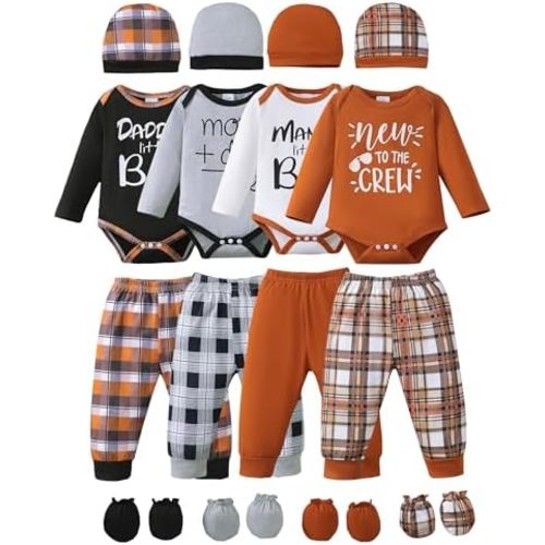 NZRVAWS Newborn Baby Boy Girl Clothes Unisex Infant Romper Pants Set Hat 4-Pack Outfits 0-12 Months 16 Pieces Toddler