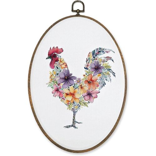 LKETW Floral Chicken Oval Wall Art Decor, Rustic Cottagecore Flower Chicken Oval Canvas Hanging Decor, Farmhouse Farm Animal Wall Decorations for Kitchen Home Bedroom Living Room, 8.6x11.4 Inch