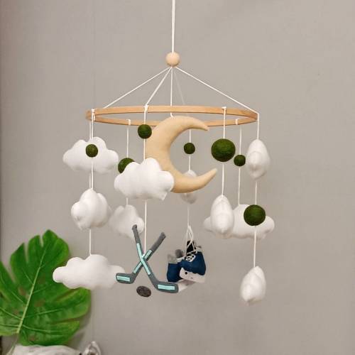 Hockey skates baby mobile, Hockey sticks nursery decor, Clouds baby mobile, Baby shower gift