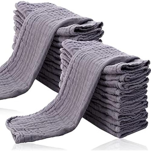 24 Pack Muslin Burp Cloths for Baby - Ultra-Soft 100% Cotton Baby Washcloths - Large 20'' by 10'' Super Absorbent Milk Spit Up Rags - Burpy Cloths for Unisex, Boy, Girl - Grey