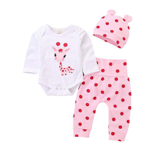 LAPAKIDS Newborn Baby Girl Animal Print Romper+Pants+Hat Set Outfits Clothes 3-6 Months