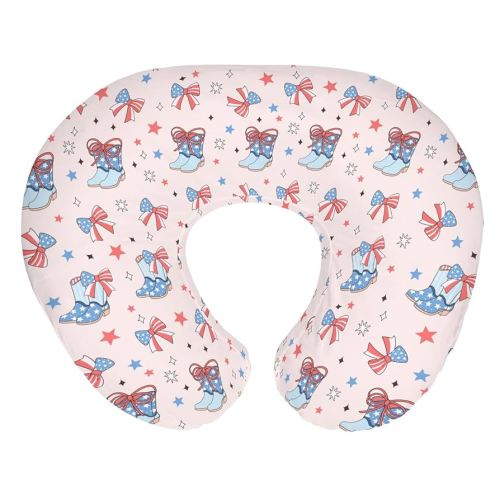 Pink July 4th Cowgirl Baby Nursing Pillow Covers for Girl Western Cowboy Boots American Flag Bows Stars Nursery Slipcovers for Breastfeeding Pillows Patriotic Soft Stretchy Cover for Newborn Infant