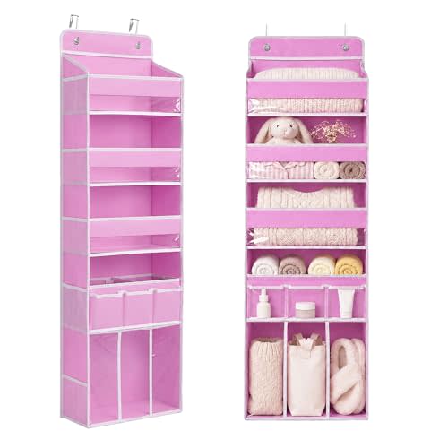Door Hanging Storage Organizer with 3Bins1 Movable Baby Diaper Caddy,1Large capacity diaper stacking storage Organizer,10Side Pockets,Suitable to Store All Items,Bedroom Nursery Essentials. (Pink)