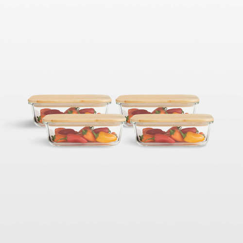 4-Cup Rectangular Glass Food Storage Container with Bamboo Lid, Set of 4