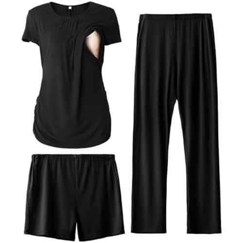 SUNNYBUY Womens Maternity Nursing Pajamas Set, Short Sleeve Breastfeeding Shirts，Pregnancy Shorts & Pants 3 Piece Nursing PJS