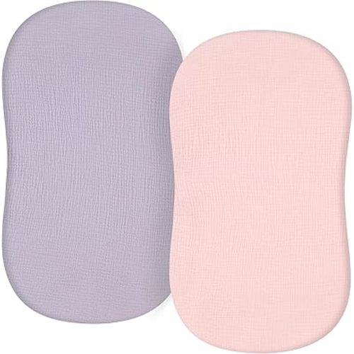 TILLYOU Muslin Bassinet Sheet - Ultra Soft Cotton Material, Skin Friendly Bassinet Fitted Sheet for Baby, Fit for Rectangle, Round, Oval, Hourglass Mattress,33"x16"，Light Purple&Light Pink