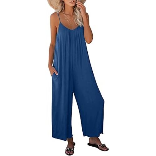 Dokotoo Women's Loose Sleeveless Jumpsuits Adjustable Spaghetti Strap Stretchy Long Pant Romper Jumpsuit with Pockets