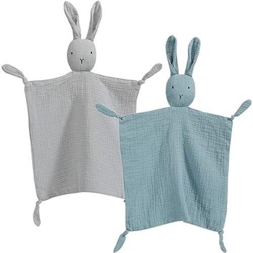 insular Bunny Lovey Blanket for Boys and Girls, Organic Cotton Muslin Security Blanket for Babies, Soft Breathable Lovie Soothing Towel for Newborn and Infant, 2 Pcs Set (Blue&Grey)