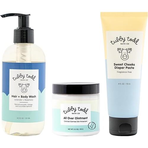 TUBBY TODD Baby Bundle Newborn Skin Care Set - Hypoallergenic Hair + Body Wash, All Over Ointment with Colloidal Oatmeal, Sweet Cheeks Diaper Paste - Lavender Rosemary, Standard Size