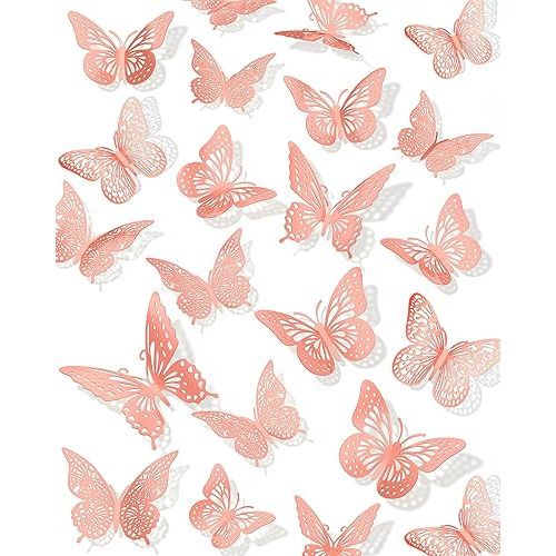 72Pcs 3D Butterfly Wall Decor, Pink Butterfly Decorations, 4 Styles 3 Sizes Removable Butterflies Pink Wall Stickers Room Decor for Birthday Party Kids Bedroom Cake Nursery Room Decor