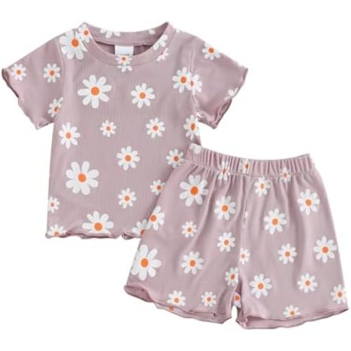 Toddler Baby Girl Summer Clothes Ribbed Daisy Tops+Elastic Flowy Ruffle Edge Shorts Outfits 2Pcs Casual Homewear
