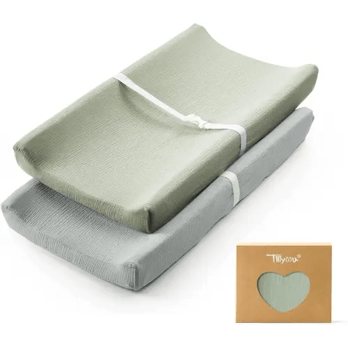 TILLYOU Muslin Changing Pad Cover for Baby Girls Boys, Soft and Breathable Cotton Diaper Changing Table Cover, 2 Pack(Grey&Saga)