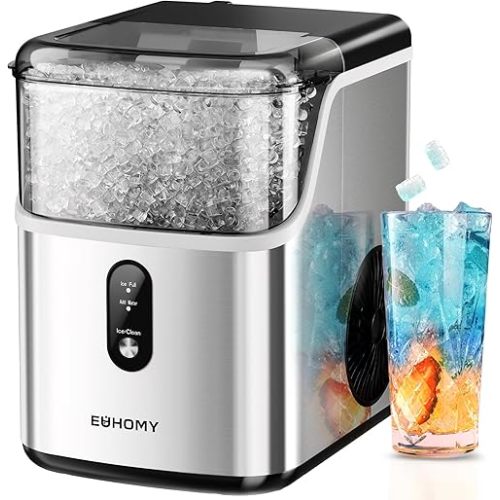 EUHOMY Nugget Ice Maker Countertop, Ready in 7 Mins, 34Lbs/24H Pebble Ice Maker Machine, Self-Cleaning Countertop Sonic Ice Makers with Ice Scoop&Basket, Pellet Ice Maker for Home, Stainless Steel
