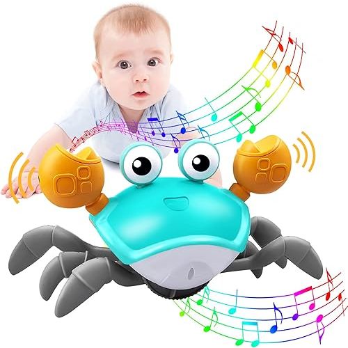 Crawling Crab Baby Toy,Tummy Time Baby Toys with Music and LED Light Will Automatically Avoid Obstacles,Build in Rechargeable Battery for Toddler Interactive Development Toy
