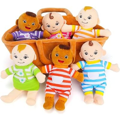 Basket of Babies Plush Dolls, 8" Plush Diversity Baby Dolls- 6 Piece Set Interchangeable Clothes Stuffed Plush Figures for All Ages Easter Gift