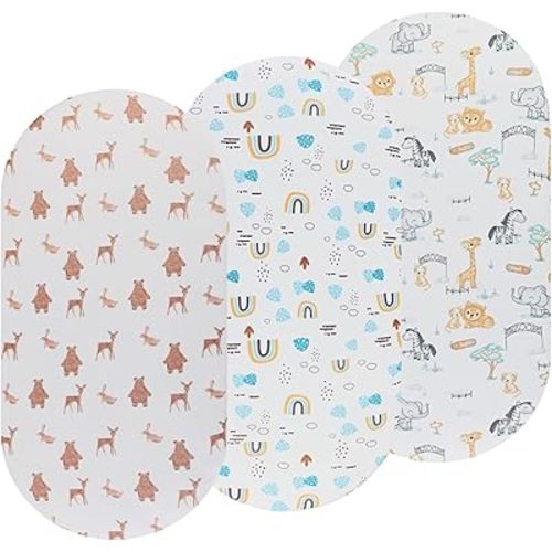 Bassinet Sheets 3 Pack Fitted for Baby Boy and Girl, Stretchy Soft Knitted Baby Sheet Set Universal for Oval Rectangle and Hourglass Bassinet Mattress, Unisex Cute Animal Printing