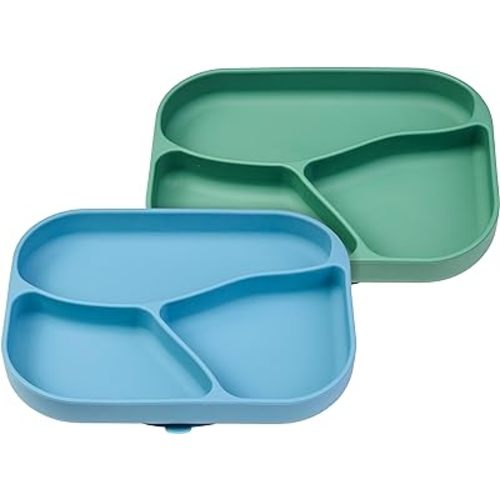 NumNum Silicone Toddler Suction Plates – 100% Food Grade Divided Baby Plates, Non-Toxic, BPA-Free, Dishwasher Safe – Non-Slip Kids Plates for High Chair & Dining Table, 2 Pack (Blue/Green)