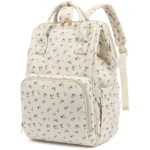 Corduroy Diaper Bag Backpack for Baby Girls Boys, Women Large Nappy Bags for Mom (Beige Corduroy Floral Purple)