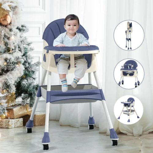 Hurber 4 in 1 Baby High Chair, Child Feeding Chair with Five-Point Harness, Retractable Detachable Dining Plate，Brakable Universal Wheel, Toy Rack, Blue