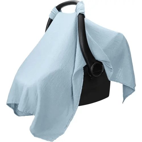 Comfy Cubs Baby Car Seat Cover - Soft, Breathable Bamboo Rayon and Muslin Cotton Blend - Lightweight Canopy for Sun, Bug, and Comfort Protection - Large Size Infant Seat Cover in Sky Blue Design