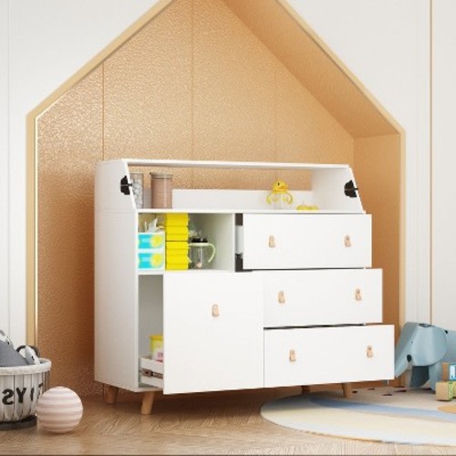 FUFU&GAGA White Baby Changing Table Storage Cabinet Leather Handles Multifunction Foldable Operating Table