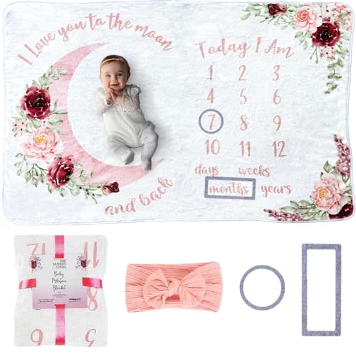 Baby Milestone Blanket - Monthly Milestone Blanket for Baby Girl - Custom Soft Fleece Photography Background - Personalized Newborn Growth Chart -Premium Floral Moon 60" X 40"
