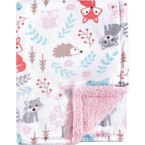 Hudson Baby Unisex Baby Plush Mink and Sherpa Blanket, Girl Woodland, One Size