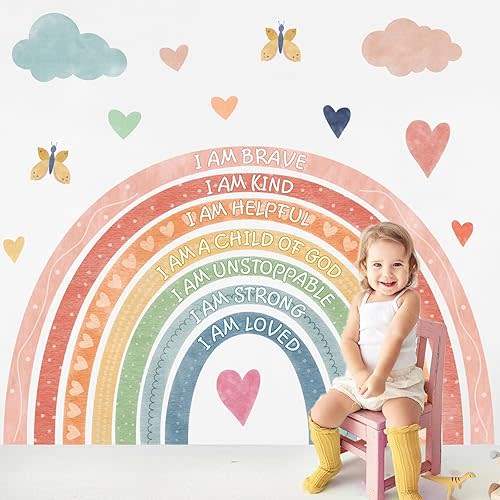 Large Rainbow Wall Stickers Kids Inspirational Wall Decal Peel and Stick Boho Rainbow Walls Decals for Baby Girls Bedroom Pastel I Am Motivational Art Mural for Nursery Playroom Decor 44.5"x73.4"