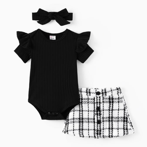 PatPat 3pcs Newborn Baby Girl Clothes Ribbed Romper Belted Shorts Headband Black Outfits Set, 0-3 Months