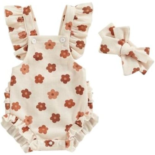 ZAXARRA Little Baby Girls 2Pcs Summer Outfits Fly Sleeve Flower Print Bodysuit with Headband Newborn Clothes