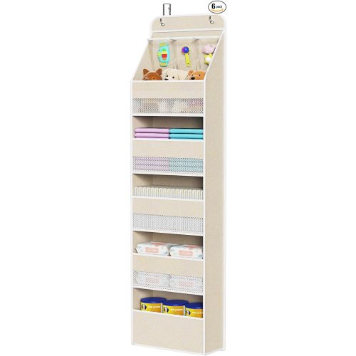 Univivi 6-Shelf Over Door Hanging Organizer Fabric Baby Door Storage with 5 Extra Large Capacity Pockets Behind the Door Hanging Storage Organizers Easy Install Door Storage for Baby Essential (Beige)