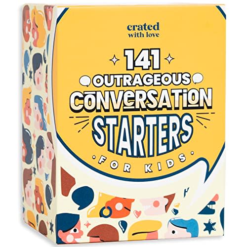 Crated with Love - 141 Outrageous Conversation Starters for Kids - Travel Games Card Deck for Family Table Topics, Funny Thought Provoking Questions to Spark Conversation and Grow Closer Together